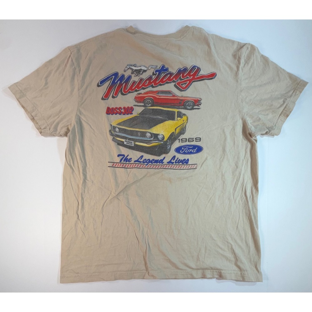 Ford Mustang Boss 302 T-Shirt Mens Large Tan 1969 The Legend Lives Graphic Tee